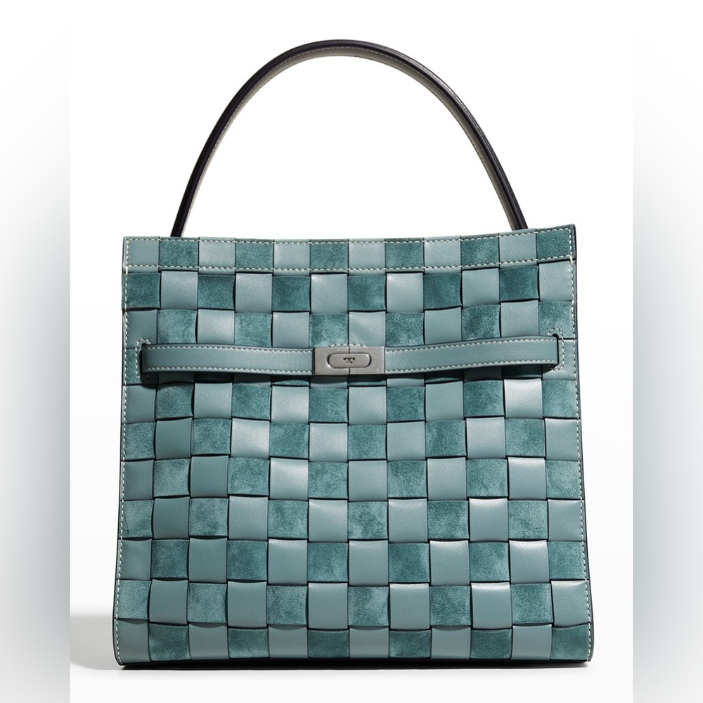 Tory Burch Lee Radziwill Blue Woven Leather Basket Weave Bag Satchel